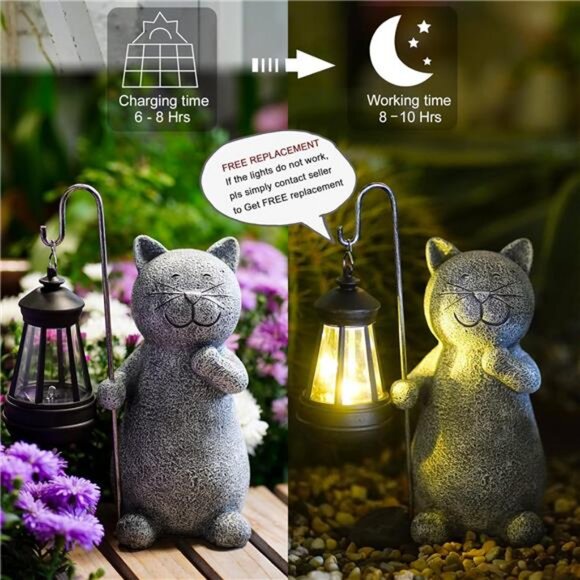 Solar Cat Statues for Garden Decor: Outdoor Figurines Sculpture with Lantern - Picture 5 of 7